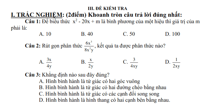 Đề thi học kì 1 môn Toán Lớp 8 năm 2021 Đề 3 1 3 11