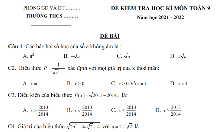 Đề thi học kì 1 môn Toán lớp 9 năm 2021 Đề 5 1 5 10