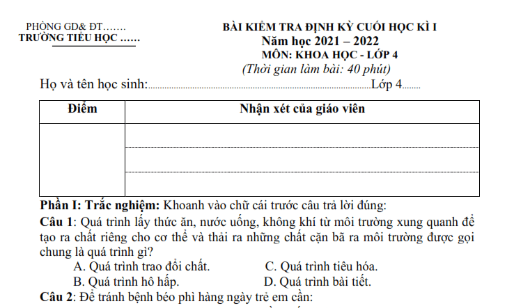 Đề thi học kì 1 môn Khoa Học lớp 4 năm 2021 - 2022 Đề 3 1 9 2