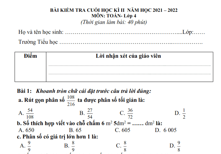 Đề thi học kì 2 môn Toán lớp 4 Đề 1 năm 2021 - 2022 1 9