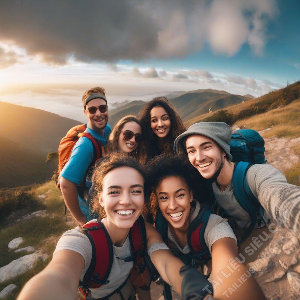 Taking pictures with friends while backpacking