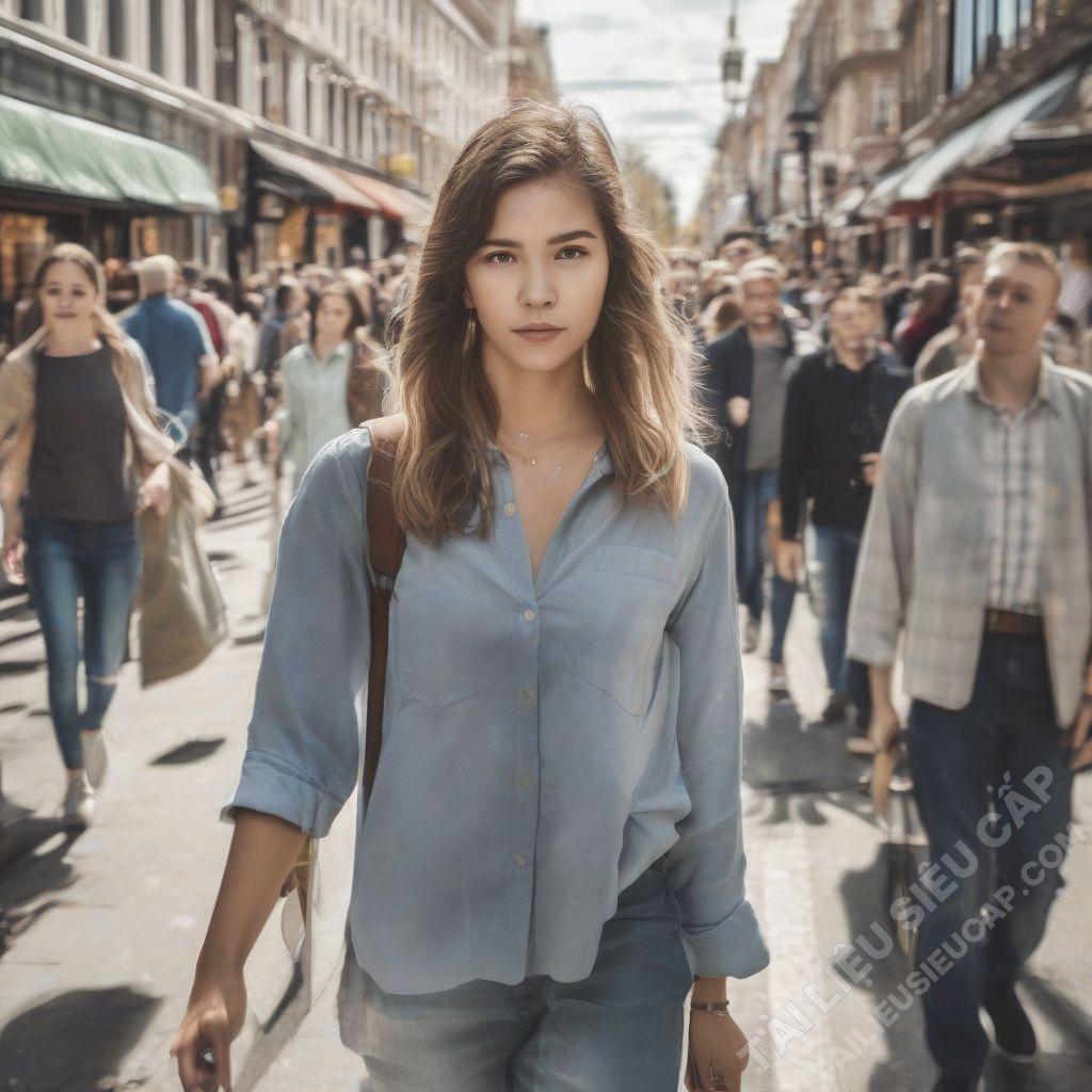 Cô gái đi bộ trên con đường đông người qua lại