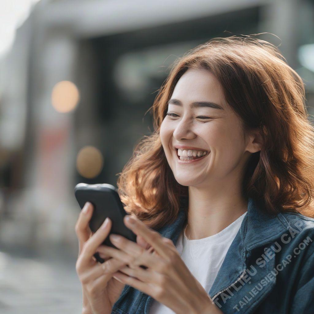 Người phụ nữ đang cười và sử dụng điện thoại