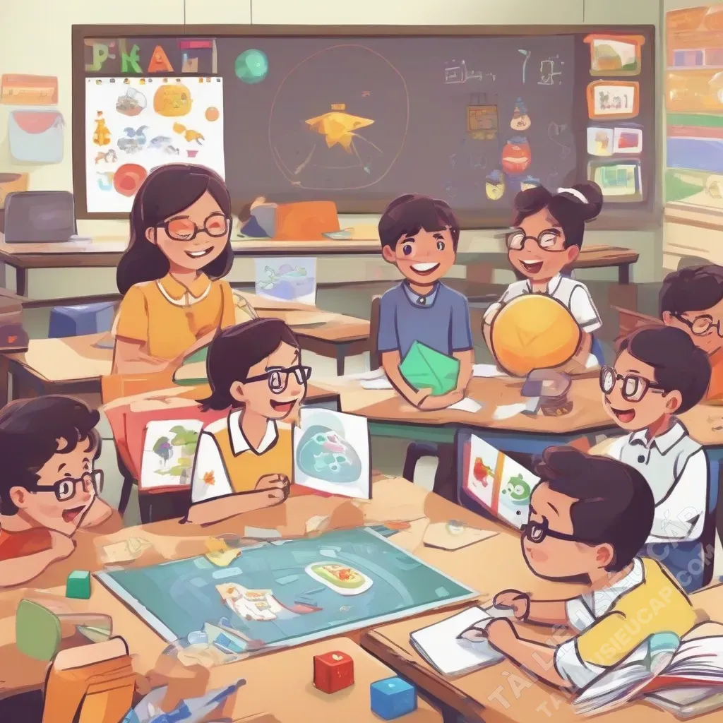 Giáo viên đang hướng dẫn học sinh học tập qua trò chơi