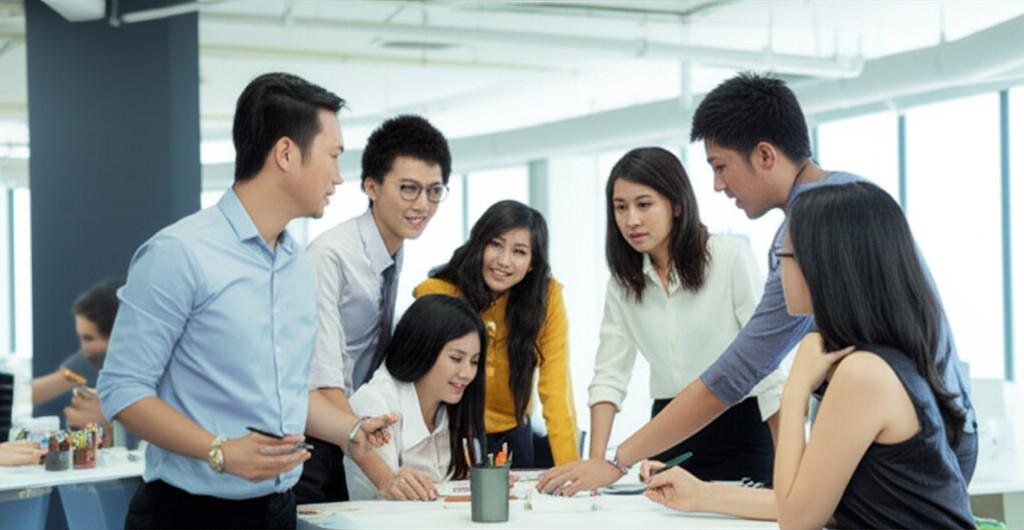 Hình ảnh đội ngũ nhân viên trẻ trung, năng động làm việc cùng nhau, thể hiện sự hợp tác và phát triển nguồn nhân lực.